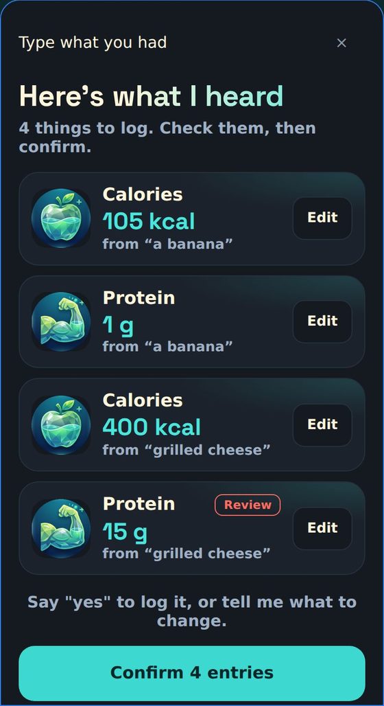 HydroPro’s confirm card for “a banana and grilled cheese”: Calories 105 kcal and Protein 1 g from “a banana”, Calories 400 kcal and Protein 15 g from “grilled cheese”, each with Edit, and Confirm 4 entries. Made-up example.